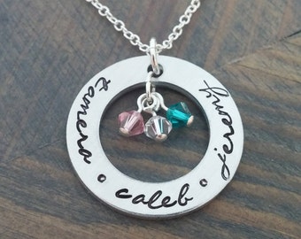 Hand Stamped Jewelry // Personalized Necklace // Necklace with Kids Names and Birthstones // Family Necklace // Mommy Jewelry