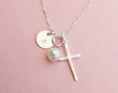 Confirmation Gift Sterling Silver Cross Necklace with Personalized Initial Charm and Pearl - Hand Stamped Jewelry