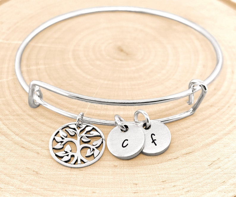 Family Tree Bracelet, Personalized Bangle Bracelet, Tree Bangle, Tree Bracelet, Personalized Jewelry, Initial Jewelry image 1