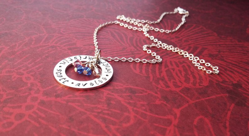 Personalized Necklace with Kids Names and Birthstones Family Necklace Hand Stamped Washer Jewelry Custom Family Necklace image 2