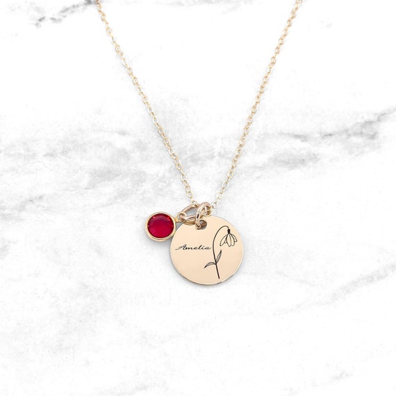 Birthstone Birth Month Flower Necklace Personalized Birth Flower