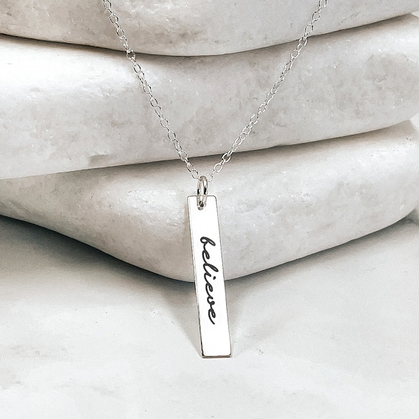 Believe Necklace, Believe Pendant, Sterling Silver Bar Necklace, Inspire Mantra Necklace, Believe Bar Necklace