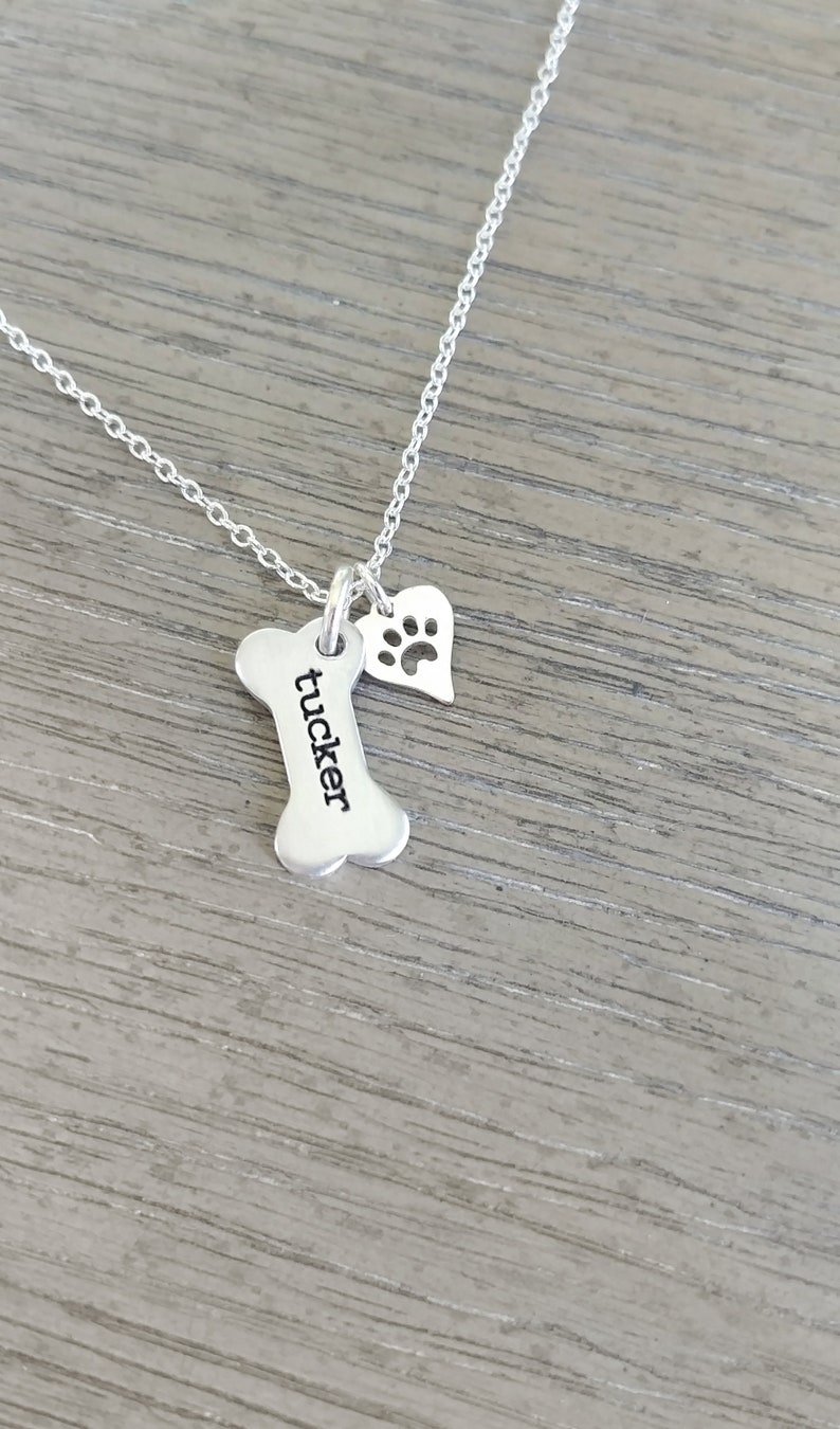 Dog Necklace Personalized // Dog Paw Necklace // Dog Jewelry // Paw Print // Pet Memorial // Dog Bone Charm Necklace // Hand Stamped Jewelry image 5