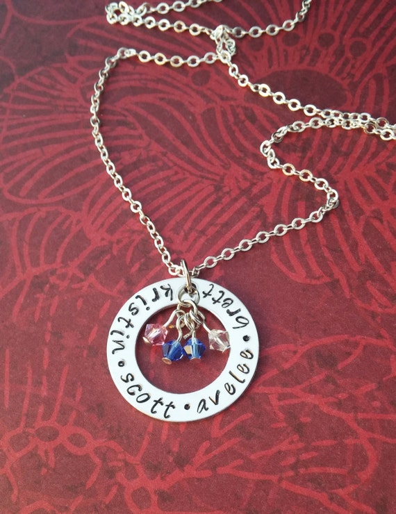 Family Necklace With Hand Stamped Names and Birthstones
