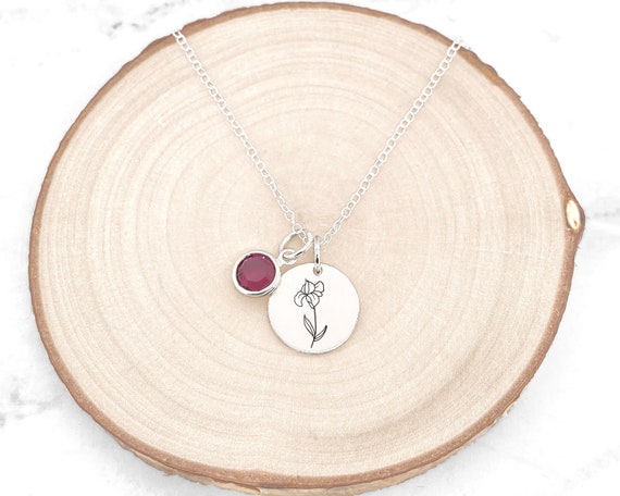 Circle Disc Pendant with Birth Flower and Birthstone Circle Disc Pendant with Birth Flower and Birthstone