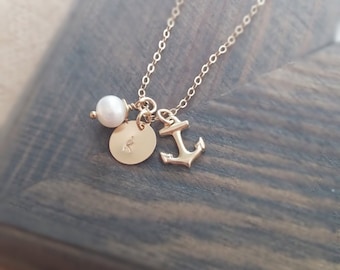 Personalized Jewelry // Gold Anchor Necklace with Hand Stamped Initial Disc and Freshwater Pearl