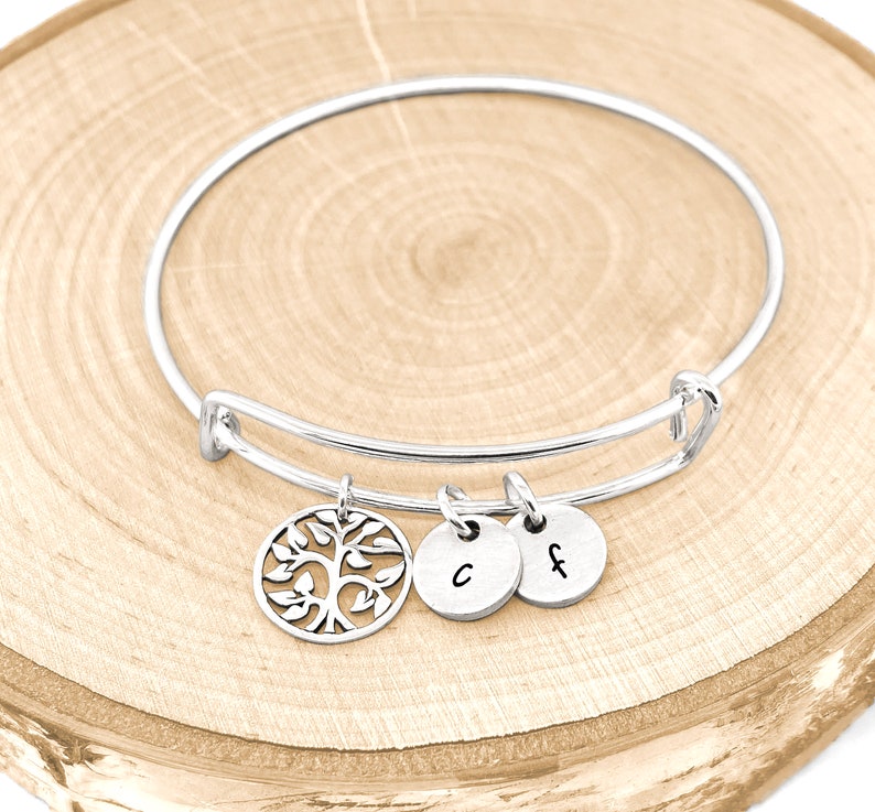 Family Tree Bracelet, Personalized Bangle Bracelet, Tree Bangle, Tree Bracelet, Personalized Jewelry, Initial Jewelry image 2