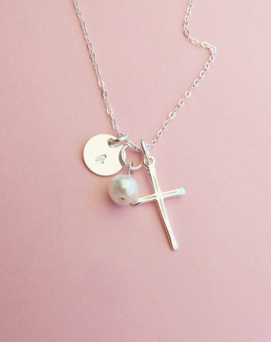 Sterling Silver Cross Necklace With Personalized Initial Charm Etsy