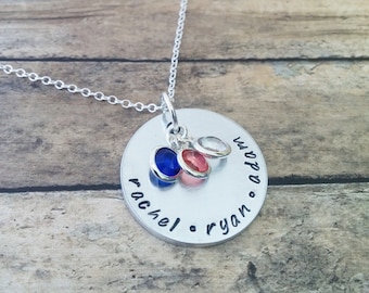 Personalized Family Necklace - Necklace with Kids Names and Birthstones - Custom Hand Stamped Jewelry - Custom Family Necklace