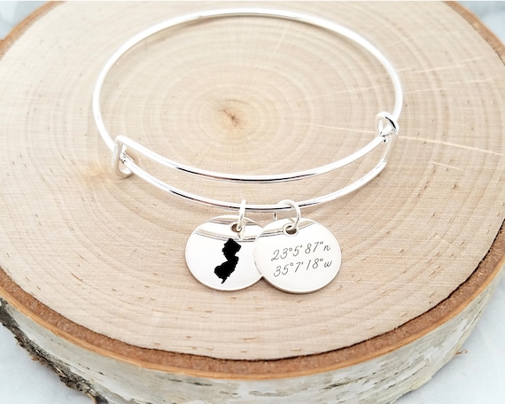 Personalized Silver Coordinate Bracelet, Custom State Bangle, Location Bracelet, Custom Coordinates Bracelet
