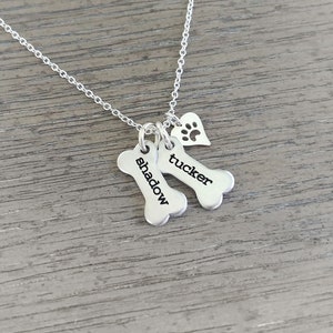 Dog Necklace Personalized // Dog Paw Necklace // Dog Jewelry // Paw Print // Pet Memorial // Dog Bone Charm Necklace // Hand Stamped Jewelry image 2