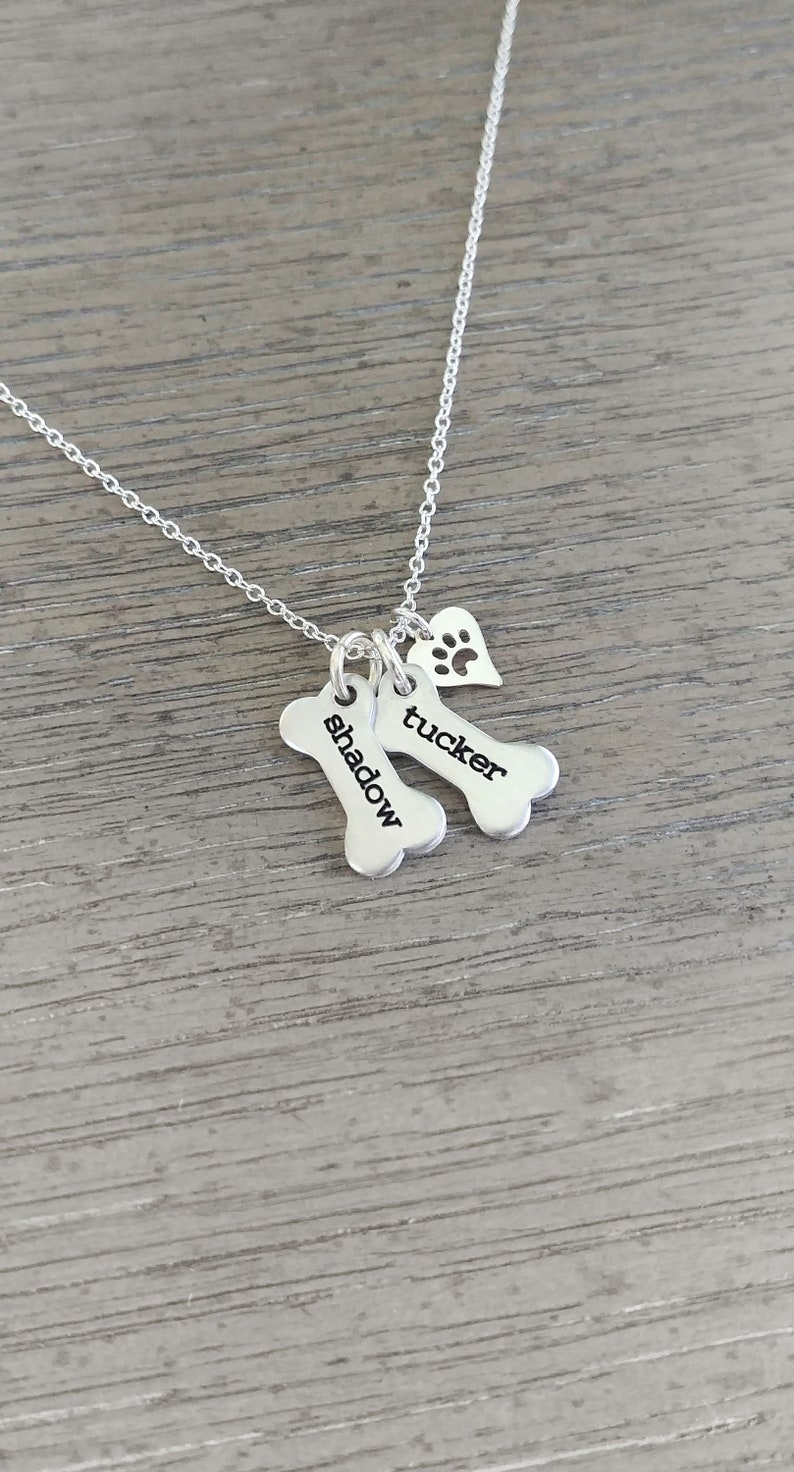 Dog Necklace Personalized // Dog Paw Necklace // Dog Jewelry // Paw Print // Pet Memorial // Dog Bone Charm Necklace // Hand Stamped Jewelry image 2