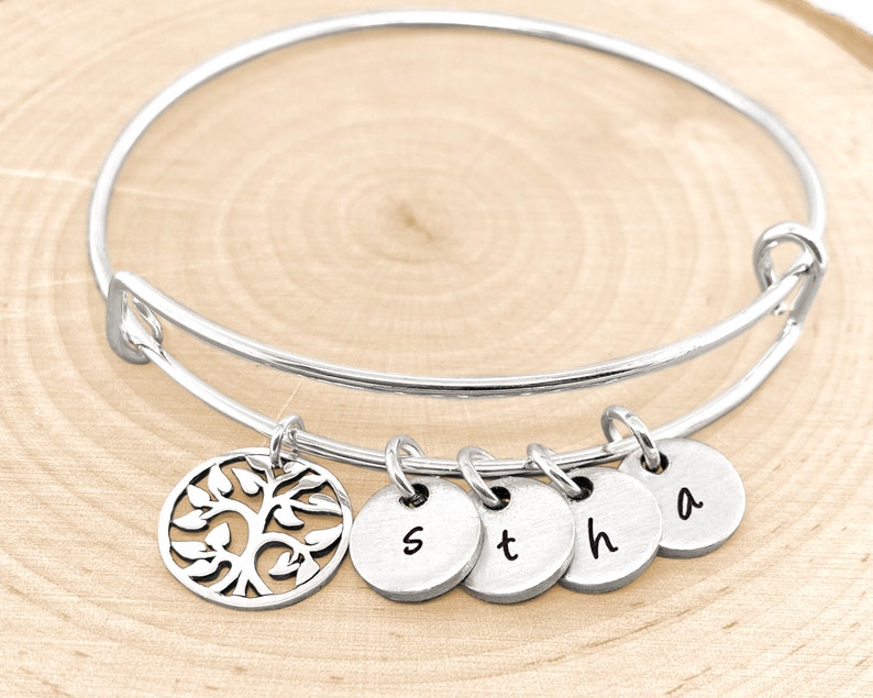 Family Tree Bracelet, Personalized Bangle Bracelet, Tree Bangle, Tree Bracelet, Personalized Jewelry, Initial Jewelry image 3