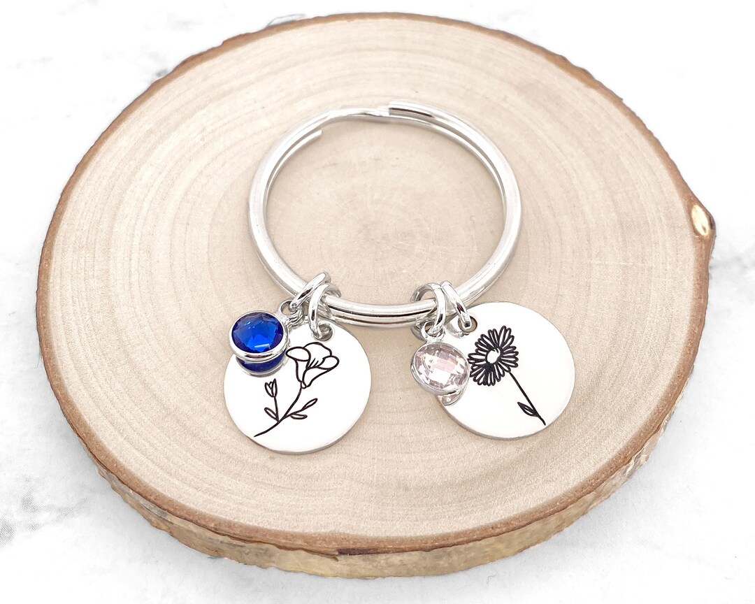 Birth Flower Disc Keychain • Birth Month Flower Keychain • Birthstone ...