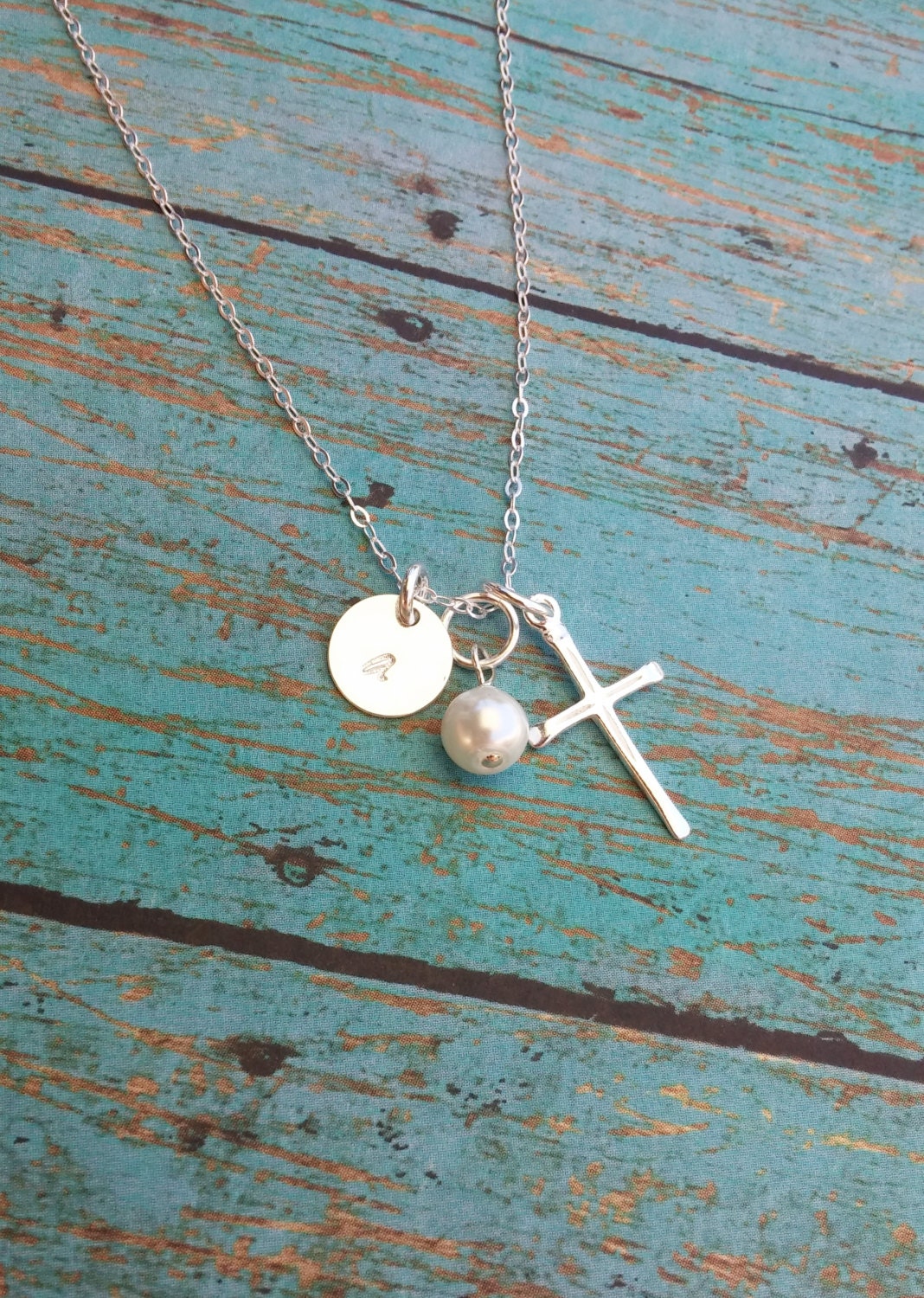 Sterling Silver Cross Necklace with Personalized Initial Charm and Pearl - Hand Stamped Jewelry