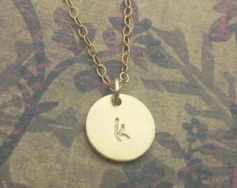 Gold Initial Disc Necklace: Personalized Brass Charm, Hand Stamped