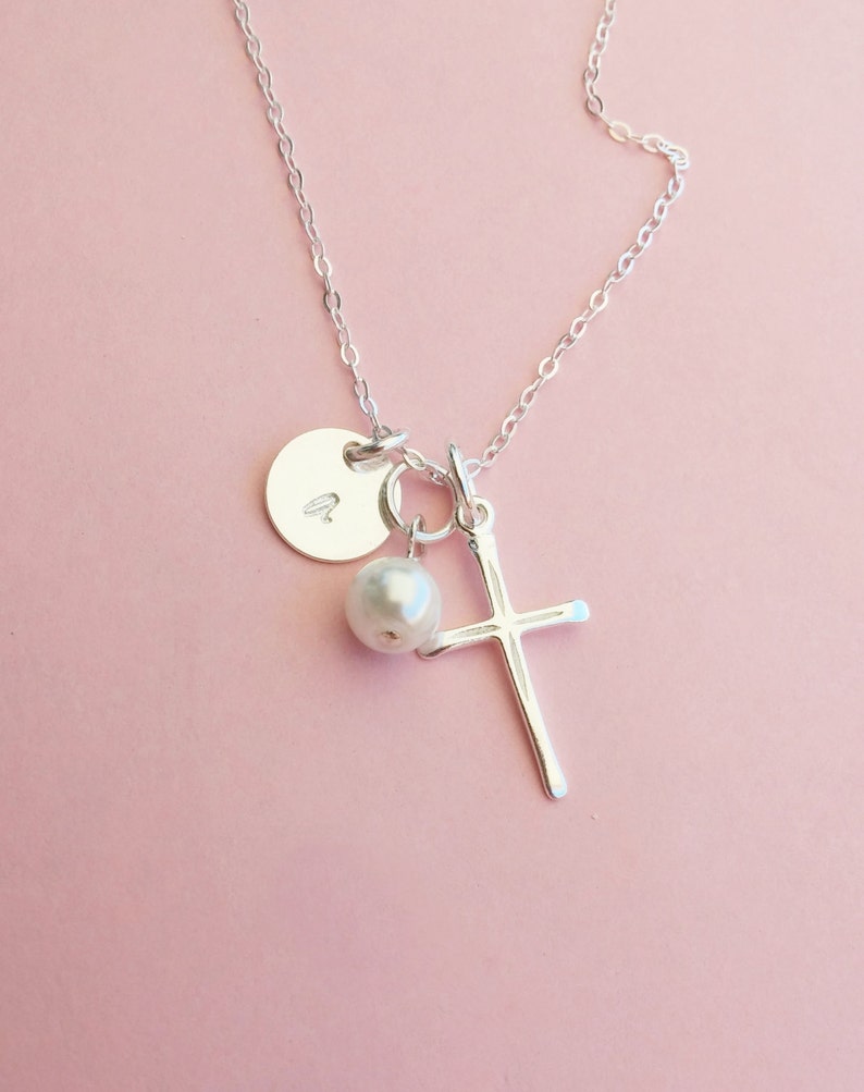 Confirmation Gift // Sterling Silver Cross Necklace with Personalized Initial Charm and Pearl - Hand Stamped Jewelry 