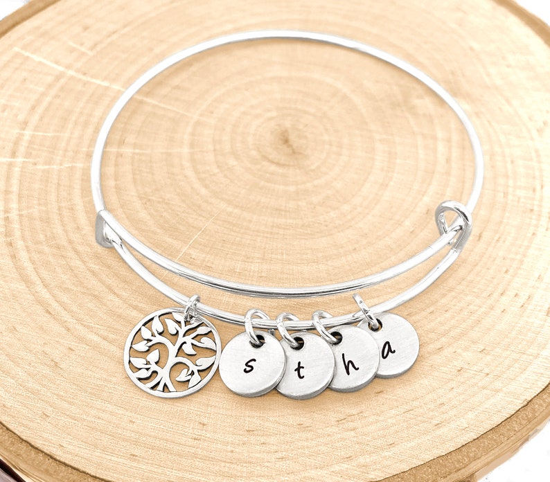 Family Tree Bracelet, Personalized Bangle Bracelet, Tree Bangle, Tree Bracelet, Personalized Jewelry, Initial Jewelry image 4