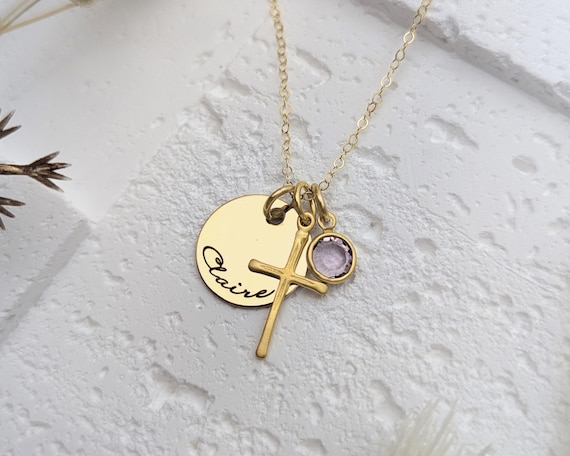 First Communion Necklace • Sterling Silver Cross Necklace with Personalized Name Charm and Birthstone • First Communion Gift • Confirmation