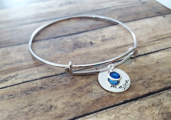 Personalized Sterling Silver Name Bracelet: Custom Mom Bangle with  Birthstone