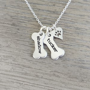 Dog Necklace Personalized // Dog Paw Necklace // Dog Jewelry // Paw Print // Pet Memorial // Dog Bone Charm Necklace // Hand Stamped Jewelry image 4