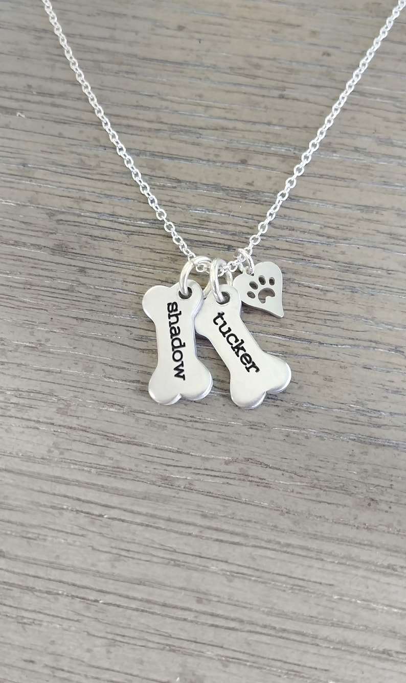 Dog Necklace Personalized // Dog Paw Necklace // Dog Jewelry // Paw Print // Pet Memorial // Dog Bone Charm Necklace // Hand Stamped Jewelry image 4