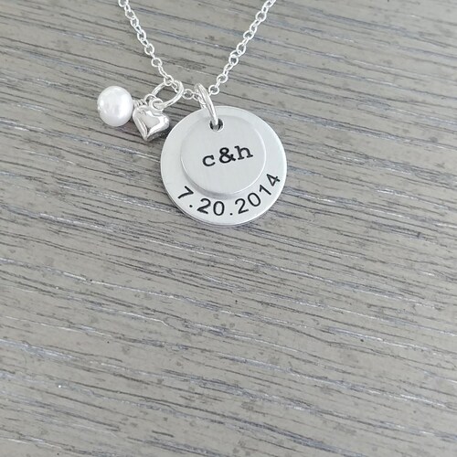 Couples Necklace Hand Stamped With Initials and Date - Etsy