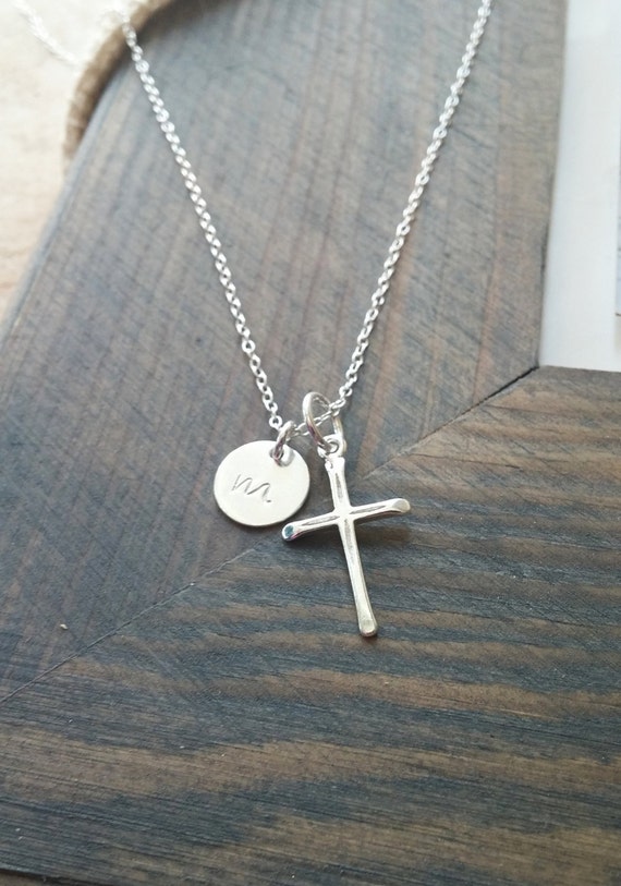 Sterling Silver Cross Necklace with Personalized Initial Disc | Etsy