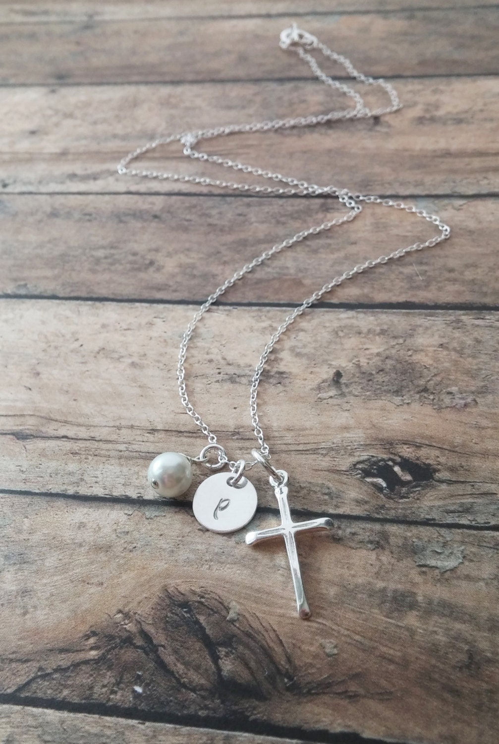 Sterling Silver Cross Necklace With Personalized Initial Charm - Etsy
