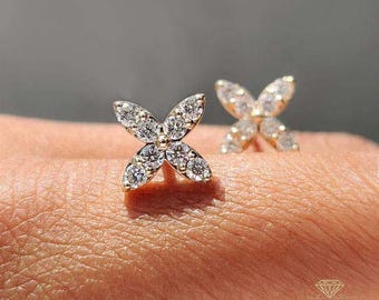 Moissanite Diamond Flower Stud Earrings, 14K Gold Finish, Floral 