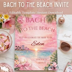 Może przedstawiać: Różowe i białe zaproszenie z napisem "BACH TO THE BEACH INVITE" i "Edytowalny szablon | Natychmiastowe pobieranie". Zaproszenie przedstawia scenę na plaży z palmami, zachodem słońca i imieniem "Eden".
