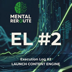 May include: Dark teal graphic with the words "MENTAL REROUTE" and "EL #2" in white. Below, the text reads "Execution Log #2" and "LAUNCH CONTENT ENGINE". A green brain graphic is at the top left.