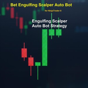 Peut inclure: Graphique numérique d'une stratégie de trading avec des motifs de chandeliers verts et rouges. Le texte en haut indique "Bet Engulfing Scalper Auto Bot" et "for NinjaTrader 8". Le texte au milieu indique "Engulfing Scalper Auto Bot Strategy".