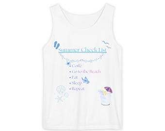 Lista de verano: camiseta sin mangas / lista de cosas para la playa, limonada, chanclas, diseño en tonos pastel