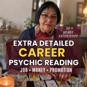 Pode incluir: Uma pessoa de cabelos escuros e óculos, vestindo um top escuro e um lenço estampado. O texto diz: 50+ YEARS EXPERIENCE, EXTRA DETAILED CAREER PSYCHIC READING, JOB • MONEY • PROMOTION. Cartas de tarô estão espalhadas sobre uma mesa.