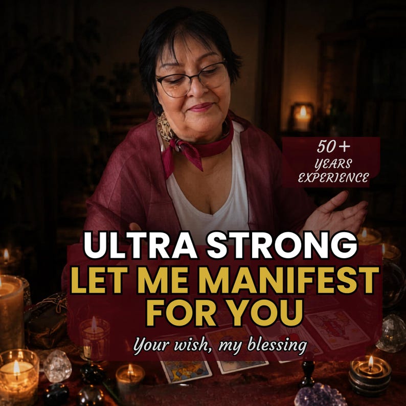 Experienced tarot reader performing intuitive manifestation 
reading by candlelight with tarot cards and crystals 
personalized spiritual guidance reading