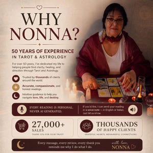 May include: A promotional graphic featuring a person with dark hair and glasses performing a tarot card reading. The text reads WHY NONNA? 50 YEARS OF EXPERIENCE IN TAROT & ASTROLOGY, highlighting 27,000+ sales and personal voice note readings.