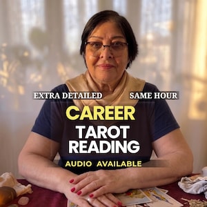 May include: A person wearing glasses and a beige scarf over a dark blue shirt. Text overlay reads: EXTRA DETAILED, SAME HOUR, CAREER TAROT READING, AUDIO AVAILABLE. Tarot cards are spread out on a dark red surface in front of the person.