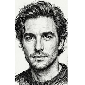 May include: A detailed pencil sketch portrait of a person with dark, wavy hair and a short beard. The portrait is in black and white, with a focus on the person's facial features and expression. The person is wearing a dark jumper.