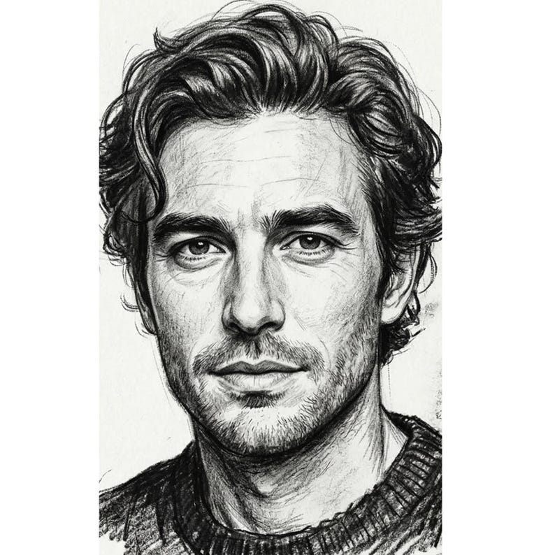 May include: A detailed pencil sketch portrait of a person with dark, wavy hair and a short beard. The portrait is in black and white, with a focus on the person's facial features and expression. The person is wearing a dark jumper.
