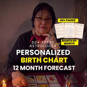 May include: A personalized birth chart and 12-month forecast document set featuring 40+ pages of astrological insights. The text reads 50+ YEARS ASTROLOGER, PERSONALIZED BIRTH CHART, 12 MONTH FORECAST, 40+ PAGES, and MONTH BY MONTH.
