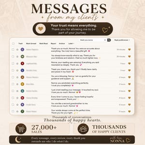 May include: A digital graphic titled MESSAGES from my clients featuring a list of email-style testimonials addressed to Nonna. The layout includes a search bar, a 27,000+ sales counter, and a section highlighting thousands of happy clients.