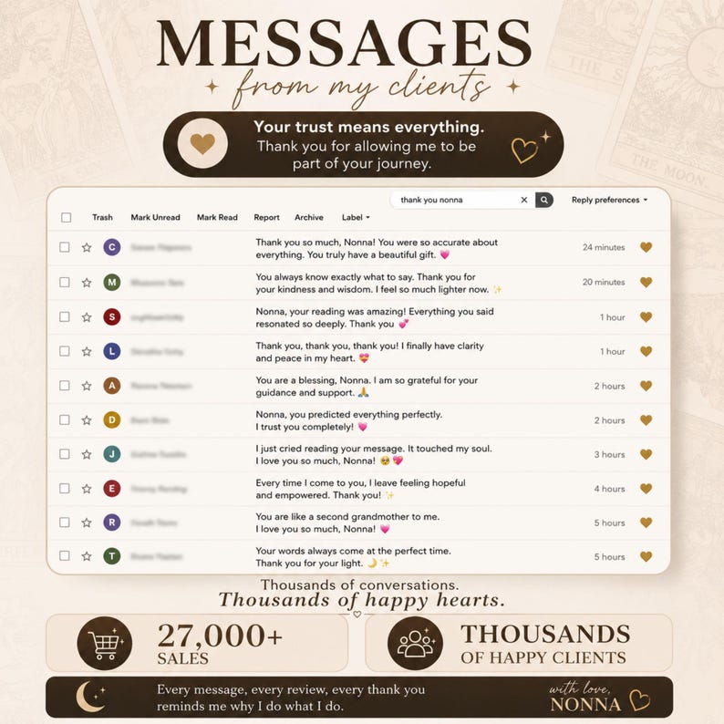 May include: A digital graphic titled MESSAGES from my clients featuring a list of email-style testimonials addressed to Nonna. The layout includes a search bar, a 27,000+ sales counter, and a section highlighting thousands of happy clients.