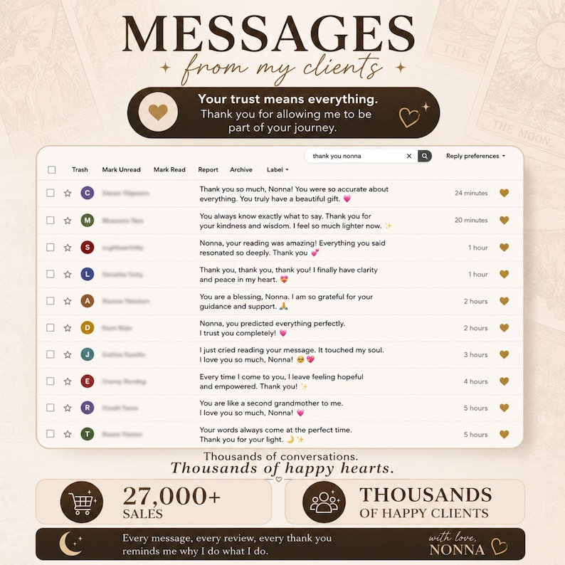 May include: A digital display titled MESSAGES from my clients featuring a list of email-style testimonials addressed to Nonna. The interface includes a search bar, timestamps, and gold heart icons. Below, text reads 27,000+ SALES and THOUSANDS OF HAPPY CLIENTS.
