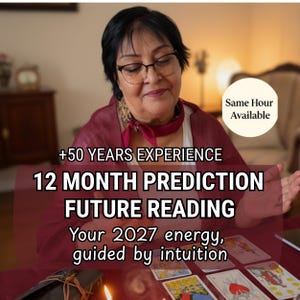 May include: A person with dark hair and glasses wearing a maroon scarf, performing a tarot card reading. Text reads: +50 YEARS EXPERIENCE, 12 MONTH PREDICTION FUTURE READING, Your 2027 energy, guided by intuition, and Same Hour Available.