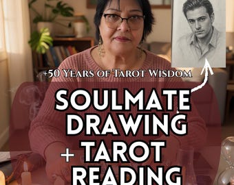 May include: A person wearing a pink sweater behind a table with tarot cards, candles, and crystals. Text reads +50 Years of Tarot Wisdom, Soulmate Drawing + Tarot Reading. An inset shows a charcoal portrait of a person in a collared shirt.