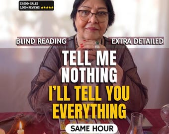 May include: A person with dark hair and glasses sits behind a table with tarot cards, candles, and crystals. Text overlays read: 33,000+ SALES 5,000+ REVIEWS, BLIND READING, EXTRA DETAILED, TELL ME NOTHING I'LL TELL YOU EVERYTHING, and SAME HOUR.