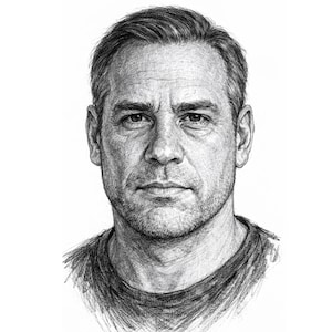 May include: A detailed pencil portrait of a middle-aged person. The artwork captures the subject's facial features, including the eyes, nose, and mouth, with shading to create depth and dimension. The person is wearing a dark-coloured crew neck shirt.