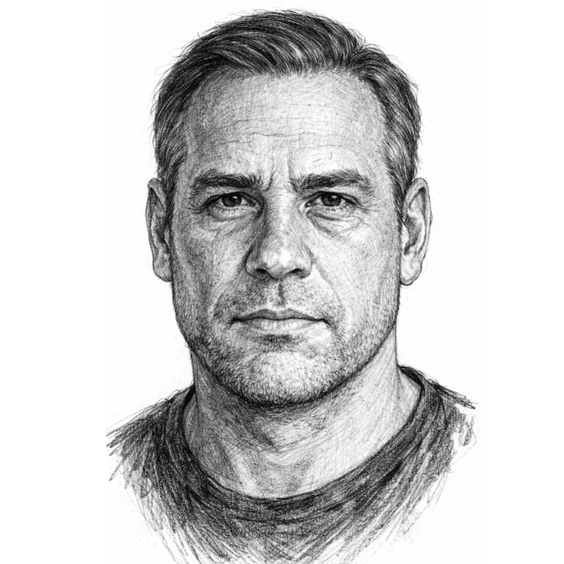 May include: A detailed pencil portrait of a middle-aged person. The artwork captures the subject's facial features, including the eyes, nose, and mouth, with shading to create depth and dimension. The person is wearing a dark-coloured crew neck shirt.