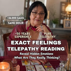 May include: A person with dark hair and glasses wearing a maroon top, with text overlays reading +26.000 SALES, SAME HOUR, +50 YEARS EXPERIENCE, PURE TELEPATHY, EXACT FEELINGS TELEPATHY READING, Reveal Hidden Emotions, What Are They Really Thinking? Tarot cards.